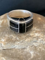 Navajo Black Onyx Inlay Band Ring | Sz 9 | Authentic Native American Handmade | 14165
