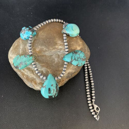 Navajo Teardrop Blue Turquoise Necklace | Sterling Silver Pearls | 20" | Authentic Native American | 13965