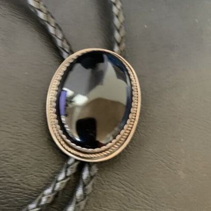 Men's Black Onyx Bolo Tie | Navajo Sterling Silver | Authentic Native American Handmade | 12609