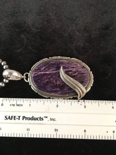 Navajo Charoite Feather Pendant | Sterling Silver Pearls Necklace | Authentic Native American Handmade | 8739