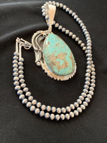 Men's Blue Turquoise Pendant Necklace | Navajo Pearls | Sterling Silver | Authentic Native American Handmade | 2565