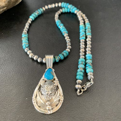 Navajo Pearl Necklace with Blue Turquoise Bullhead Pendant | Authentic Native American Sterling Silver | Multi-Stone | 11755