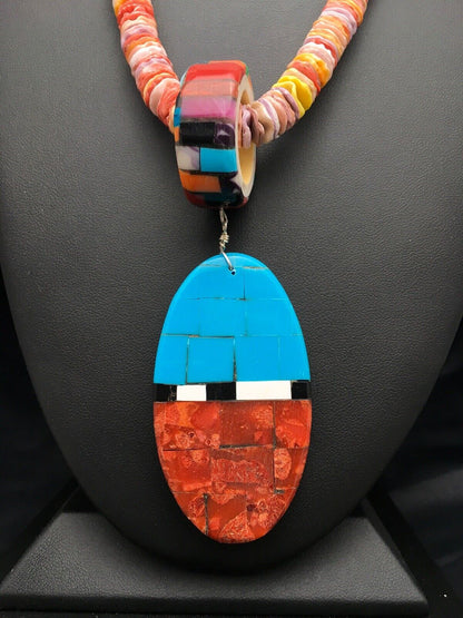 Authentic Native American Santo Domingo Multi-Color Spiny Sterling Silver Necklace with Inlay Pendant | 24" | 2915