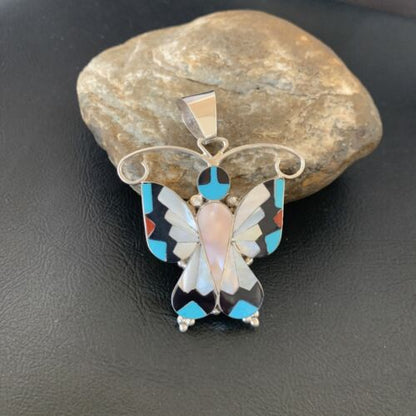 Zuni Blue Turquoise Coral Butterfly Inlay Pendant | Sterling Silver Necklace | Authentic Native American Inlay | 11967 - Masha USA