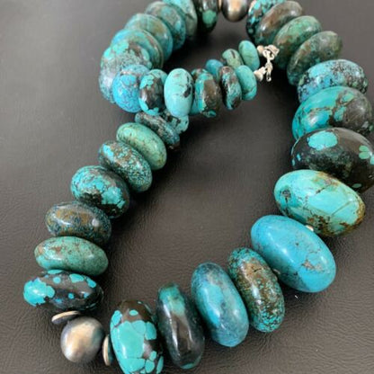 Navajo Sterling Silver & Blue Turquoise Graduated Necklace | Authentic Native American | 24" | 01842