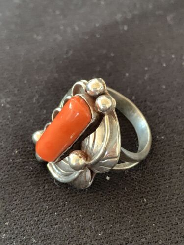 Navajo Red Coral Ring | Sterling Silver | Sz 9.5 | Authentic Native American Handmade | 01300