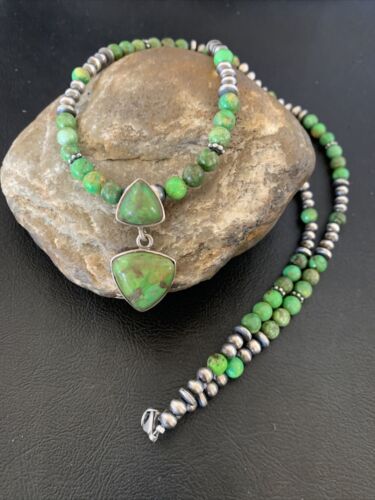 Navajo Green Gaspeite Turquoise Pendant | Sterling Silver | Authentic Native American Handmade | 12343