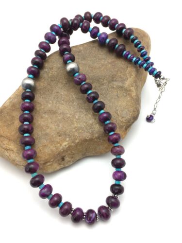 US Purple Sugilite & Turquoise Bead Navajo Indian Sterling Necklace 27” 4061