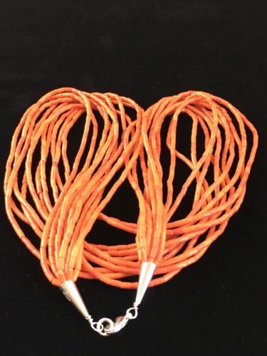Native American Orange Spiny Heishi Necklace | 10 Strand | Sterling Silver | 20" | 10037
