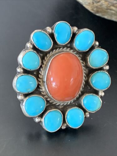 Navajo Blue Turquoise Coral Cluster Ring | Authentic Native American Sterling Silver | Multi-Stone | Sz 9.5 | 11507