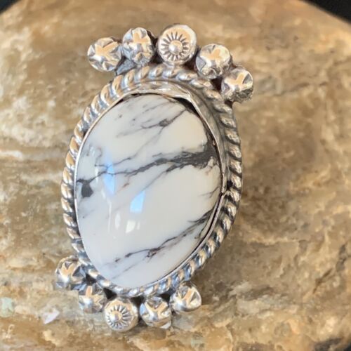 Navajo White Buffalo Turquoise Ring | Sterling Silver | Sz 8 | Authentic Native American Handmade | 13346