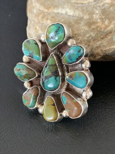 Navajo Green Turquoise Multi-Stone Cluster Ring | Authentic Native American Sterling Silver | Sz 11 | 02195