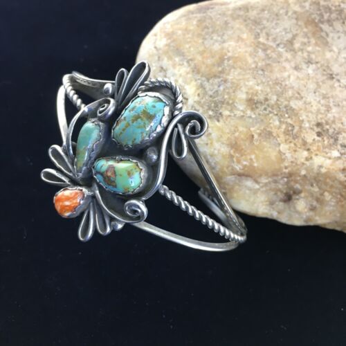 Navajo Native American Bracelet | Sterling Silver | Spiny Oyster Green Turquoise | 10113