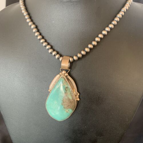 Men's Navajo Pearls Necklace with Blue Kingman Turquoise Pendant | Sterling Silver | Native American Handmade | 12600