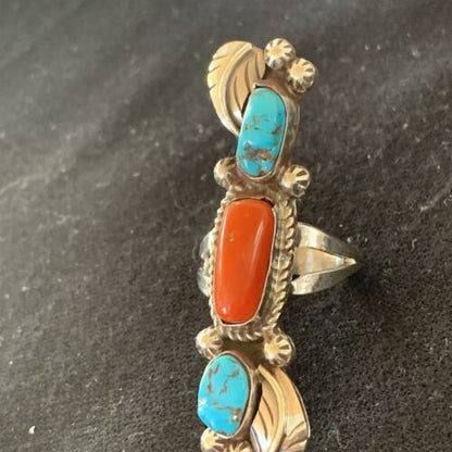 Navajo Kingman Turquoise & Coral Ring | Authentic Native American Sterling Silver | Multi-Stone | Sz 9 | 1294