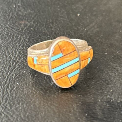Navajo Blue Turquoise Spiny Oyster Inlay Ring | Sz 6.5 | Authentic Native American Handmade | 14557