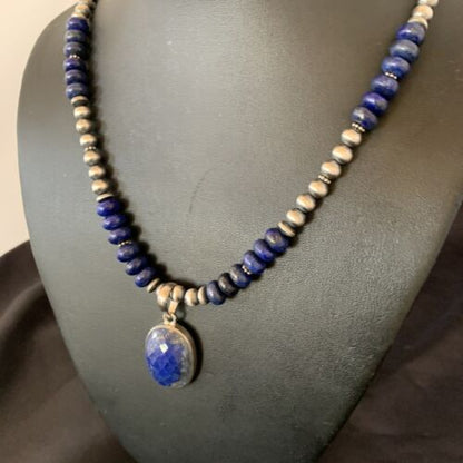 Navajo Sterling Silver Bead Necklace | Lapis Lazuli Faceted Pendant | Authentic Native American Handmade | 11367