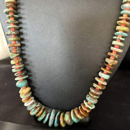 Navajo Turquoise & Red Spiny Oyster Necklace | Sterling Silver | Authentic Native American | 32" | 14381