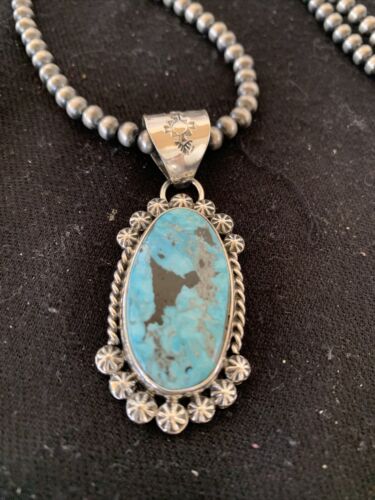 Men's Navajo Pearls Necklace with Blue Kingman Turquoise Pendant | Sterling Silver | Authentic Native American Handmade | 00841