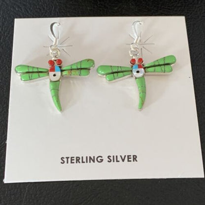 Navajo Dragonfly Earrings | Green Gaspeite, Coral, Mother of Pearl Inlay | Sterling Silver | 1" | 13319 - Masha USA