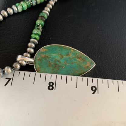 Navajo Pearl Green Turquoise Necklace Pendant | Sterling Silver | Authentic Native American Handmade | 13469
