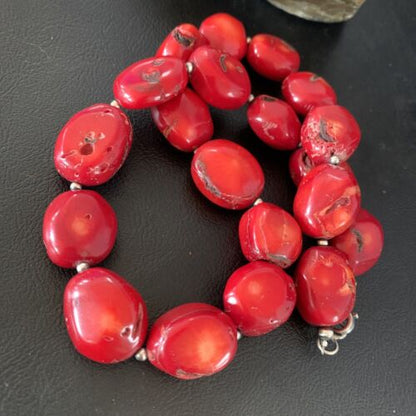 Navajo Red Coral Bead Necklace | Sterling Silver | 20" | Authentic Native American Handmade | 13409