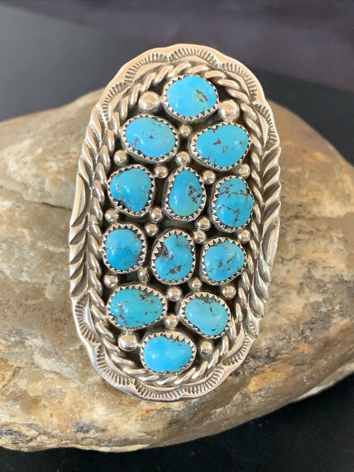 Navajo Blue Kingman Turquoise Cluster Ring | Authentic Native American Sterling Silver | Multi-Stone | Sz 6.5 | 11511