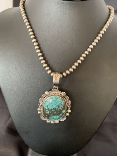 Men's Navajo Blue Spiderweb Turquoise Pendant Necklace | Sterling Silver | Authentic Native American Handmade | 10234