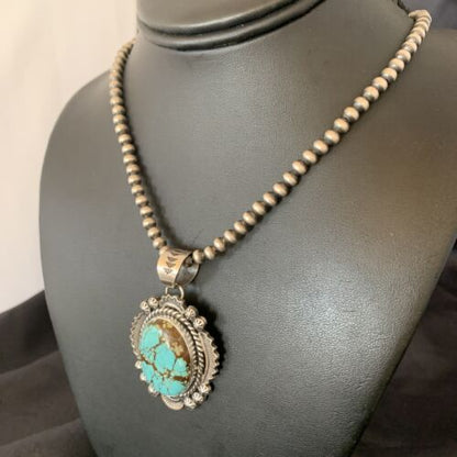 Men's Navajo Pearls Necklace | Sterling Silver | Blue #8 Turquoise Pendant | Authentic Native American Handmade | 10865