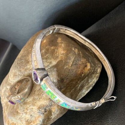 Old Pawn Navajo Opal Amethyst Bracelet | Sterling Silver | 7" | Sz 7 | Authentic Native American Handmade | 13121
