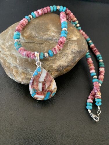 Navajo Pearl Necklace with Blue Turquoise & Purple Spiny Pendant | Sterling Silver | 11744