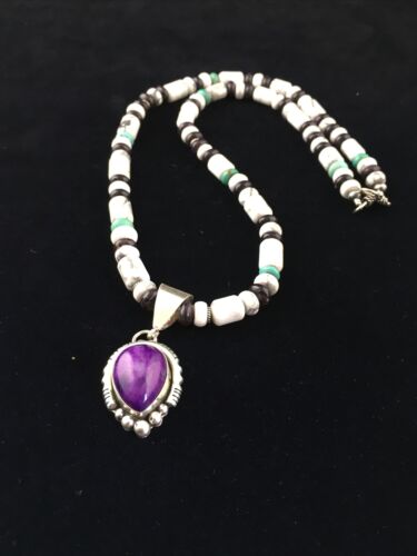 Navajo Purple Sugilite Turquoise Bead Necklace | Sterling Silver | 22" | Authentic Native American Handmade | 10033