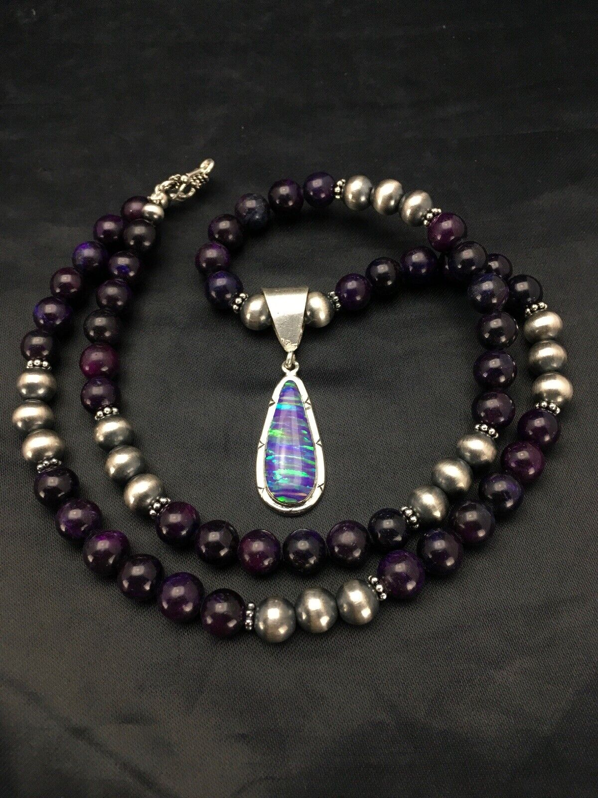 Navajo Purple Sugilite Necklace with Opal Pendant | Sterling Silver | 23" | Authentic Native American Handmade | 2794