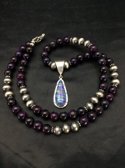 Navajo Purple Sugilite Necklace with Opal Pendant | Sterling Silver | 23" | Authentic Native American Handmade | 2794