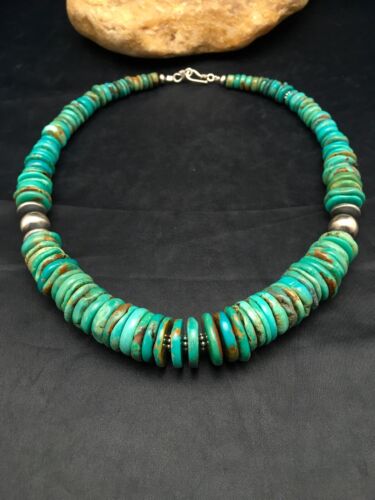 Southwestern Navajo Graduated Turquoise Sterling Silver Necklace | Authentic Native American | 18" | 4045