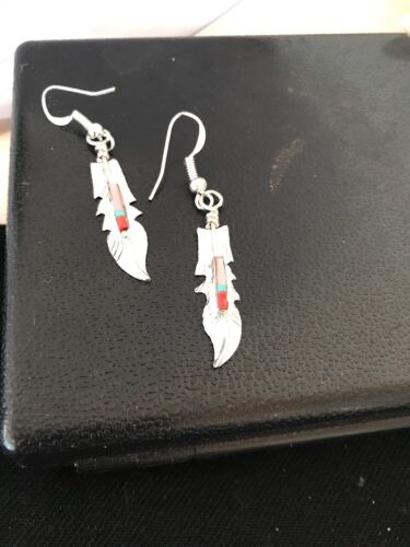 Navajo Coral Inlay Feather Earrings | Sterling Silver | Authentic Native American Handmade | 2007