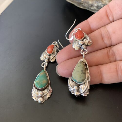 Navajo Green Royston Turquoise Red Coral Dangle Earrings | Sterling Silver | Authentic Native American Handmade | 2058
