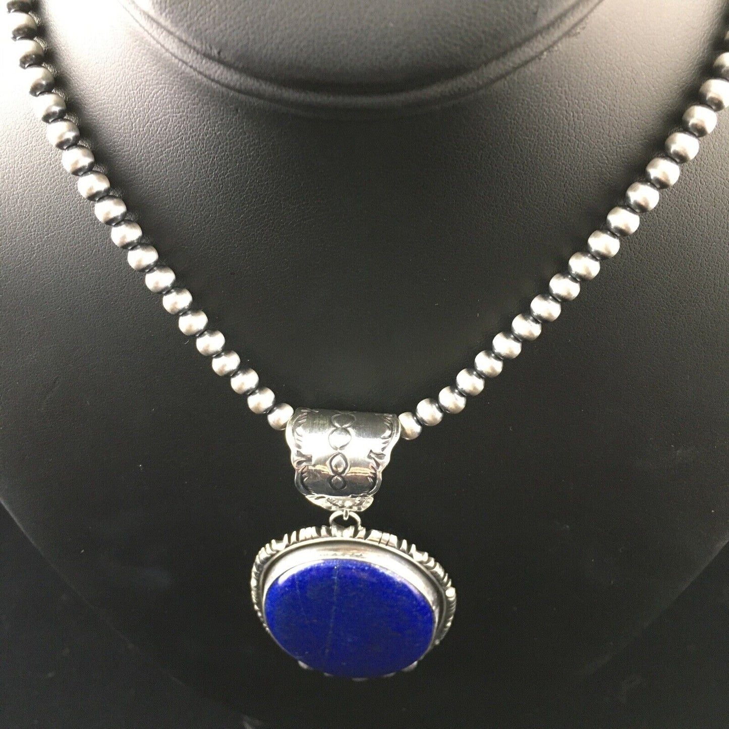 Native American Men's Navajo Pearls Necklace Pendant | Sterling Silver Blue Lapis | 10118