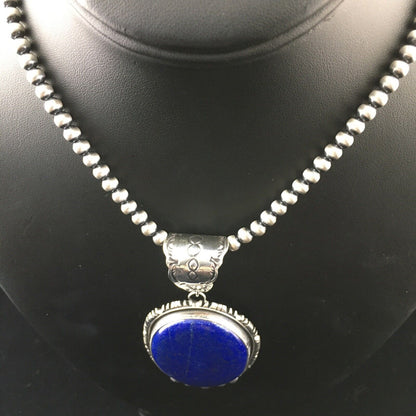 Native American Men's Navajo Pearls Necklace Pendant | Sterling Silver Blue Lapis | 10118