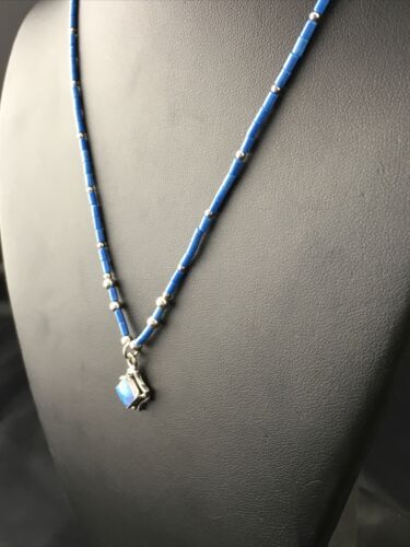 Children's Lapis Heishi Bead Necklace with Opal Pendant | Sterling Silver | 17" | 10126 - Masha USA