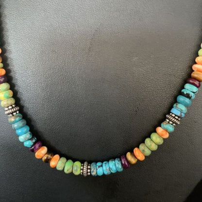 Navajo Blue Turquoise & Orange Spiny Oyster Necklace | Sterling Silver | 18" | 13434