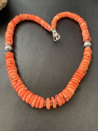 Native American Pink Coral Navajo Bead Necklace | Sterling Silver | 18" | 01951