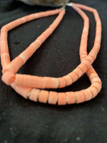 Navajo Pink Coral 2 Strand Heishi Bead Necklace | Sterling Silver Tube | 16" | Authentic Native American | 00758