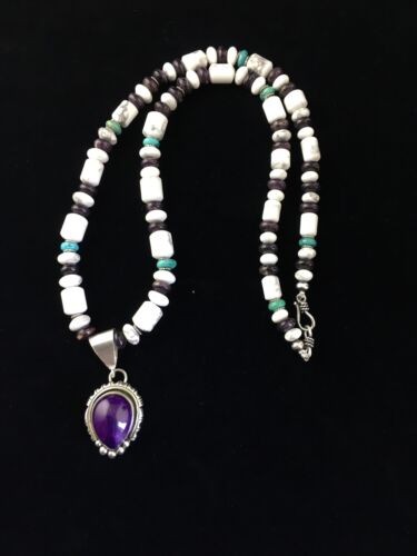 Men's Navajo Purple Sugilite Turquoise Bead Necklace | Sterling Silver | 22" | Authentic Native American Handmade | 10031