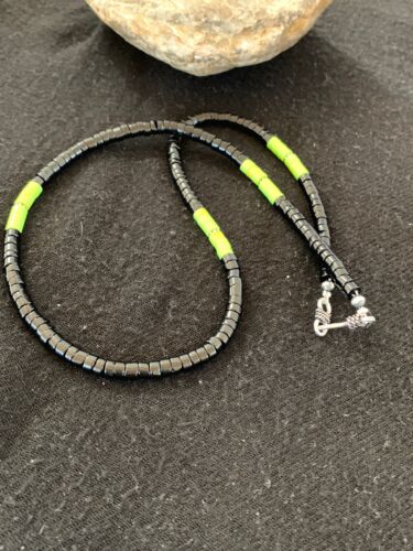 Southwestern Green Gaspeite Heishi Onyx Necklace | Sterling Silver | Men's Jewelry | 19" | 8824