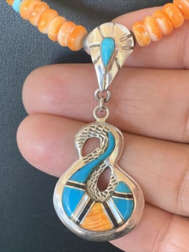 Navajo Pearls Necklace with Orange Spiny Oyster & Turquoise Pendant | Sterling Silver | Authentic Native American | 20" | 12703