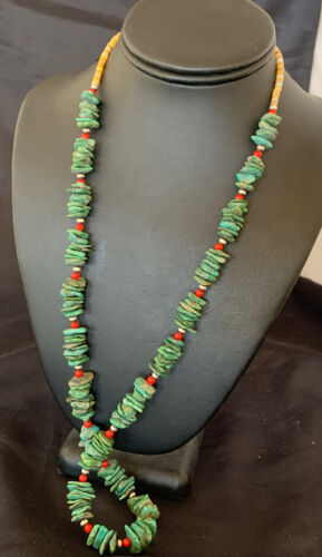 Navajo Green Turquoise Coral Shell Necklace | Sterling Silver | 28" | Authentic Native American Handmade | 11710