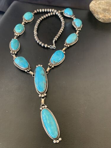 Navajo Kingman Turquoise Lariat Necklace | Sterling Silver | Authentic Native American Handmade | 11571