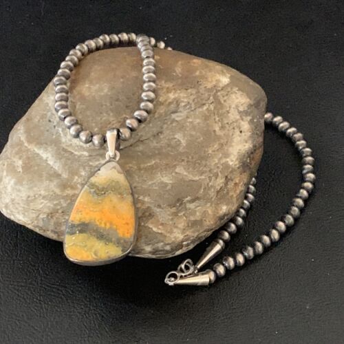 Navajo Yellow Bumblebee Jasper Pendant Necklace | Sterling Silver | Authentic Native American Handmade | 12806