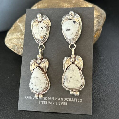 Navajo White Buffalo Turquoise Dangle Earrings | Sterling Silver | 2.5" | Authentic Native American Handmade | 14740